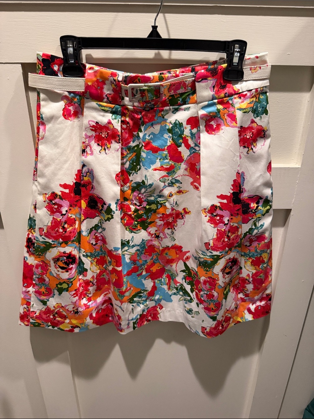 White Floral Belted Skirt with Bright Watercolor Print